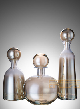 北欧蓝色琥珀色带盖玻璃瓶摆件酒樽花瓶样板房家居创意装饰花器