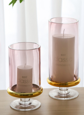 烛台轻奢金粉灰色高脚防风风灯北欧式简约蜡烛杯婚庆装饰玻璃花瓶