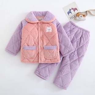 冬季儿童睡衣加厚法兰绒家居服套装男童小女孩三层夹棉加绒珊瑚绒