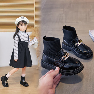 女童靴子儿童鞋2023秋季新款黑色飞织靴走秀表演短靴单靴高筒长靴