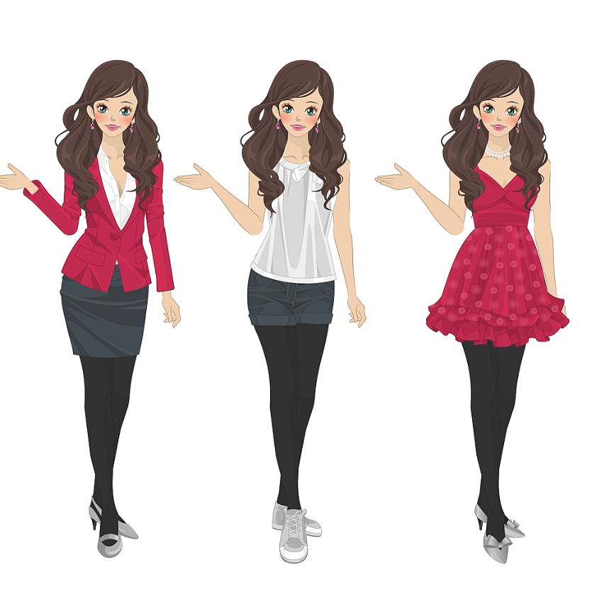 三色着装卡通角色女主持人物动作动画视频素材 透明 白底 绿底