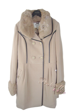 pink mary粉红玛琍/粉红玛丽 冬钉钻中长款兔毛领羊毛大衣女 标齐