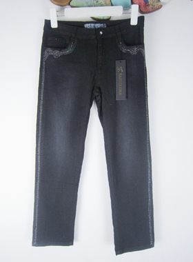 专柜正品saidian/赛典 春夏加大码修身烫钻牛仔裤女七分裤 标齐XL