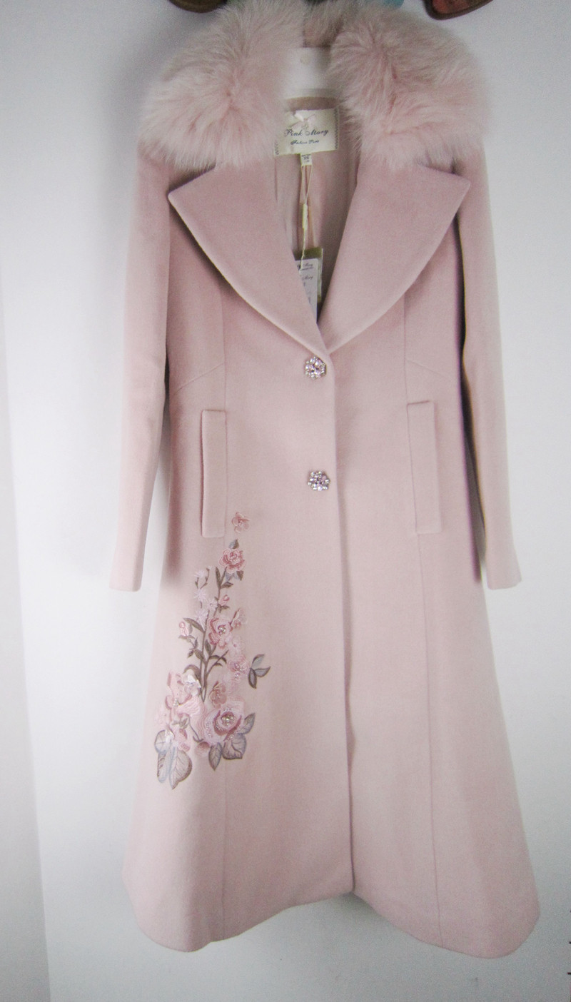 pink mary粉红玛琍/粉红玛丽 狐狸毛领羊毛大衣女标齐pmahw6112