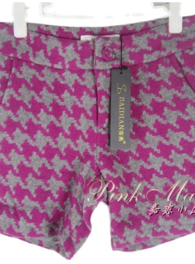 专柜正品saidian/赛典 秋冬千鸟格毛呢短裤大码羊毛短裤女 标齐