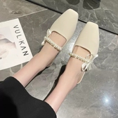 珍米白珠蝴蝶结不跟脚米黄鞋 新品 带黑色拖鞋 防掉跟束鞋 配件 免安装