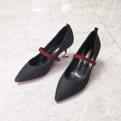 百搭绒面黑色高跟鞋 新品 带简约时尚 防掉跟束鞋 米白酒红配件 免安装