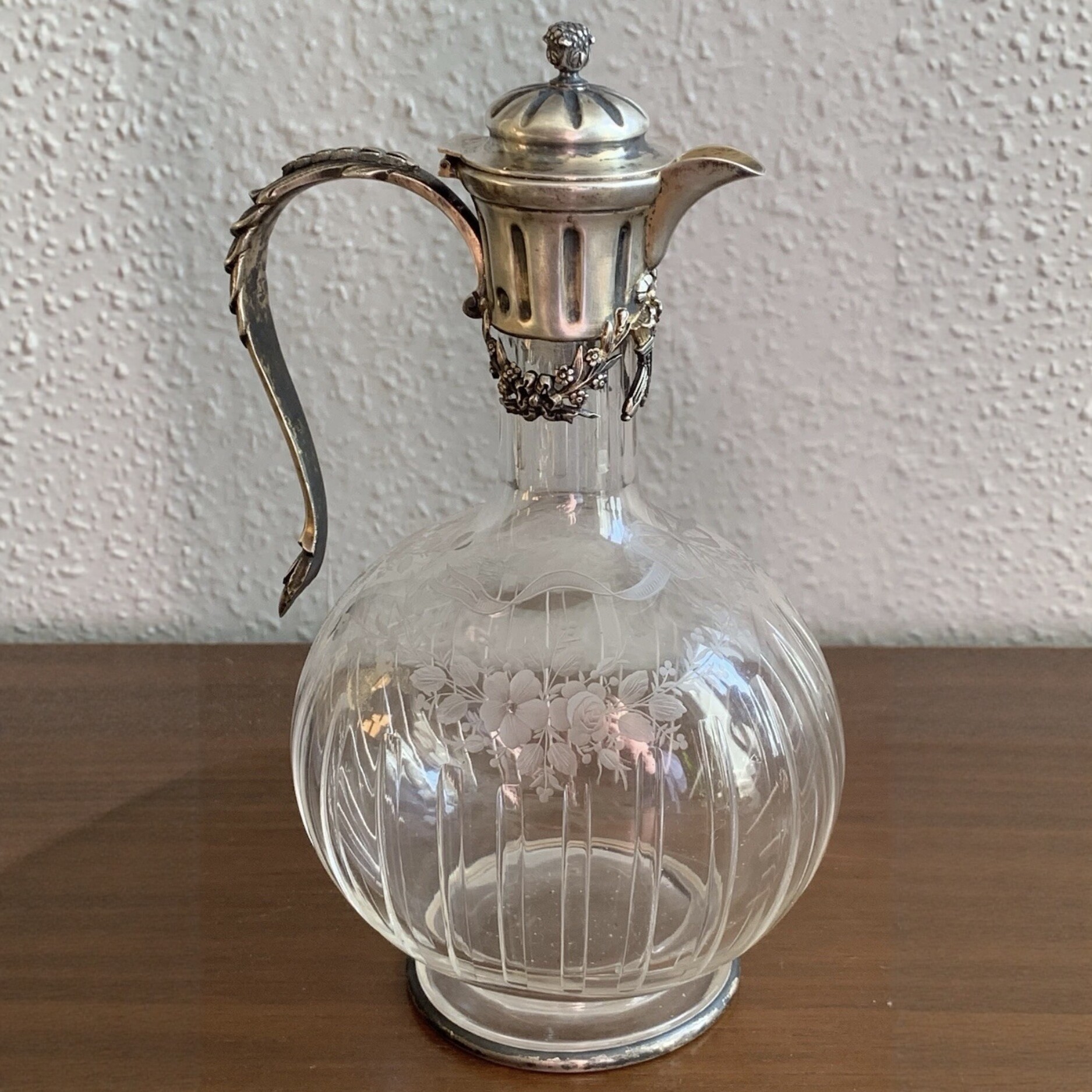 法国古董银器蝴蝶结丝带纯银雕花水晶水壶酒壶法式酒具洛可可
