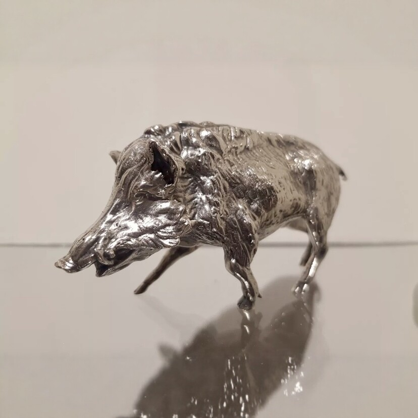 法国皇室御用银器ODIOT/奥迪欧中古镀银青铜野猪法式摆件桌面装饰