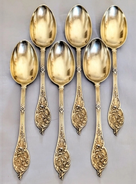 法国古董银器950纯银鎏金咖啡勺/茶匙/甜品勺大银匠Jules MONNEY