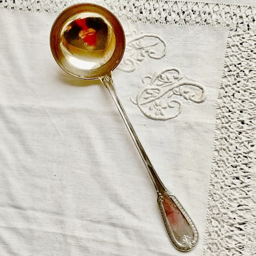 法国大银匠古董纯银鎏金长柄汤勺