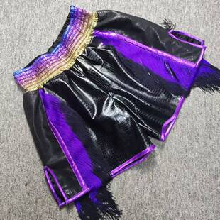 比赛出场服泰拳裤搏击看拳击裤紫色流苏搭配男女通用