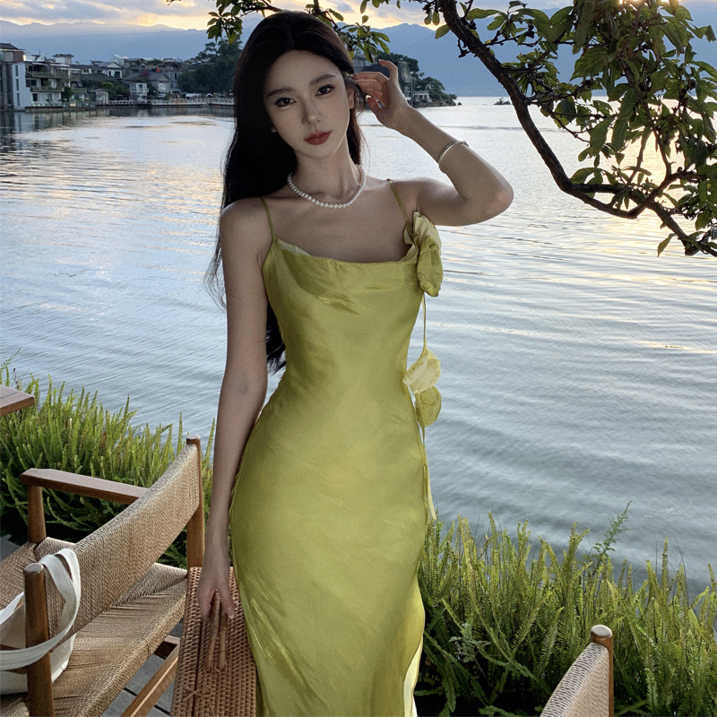 优雅法式连衣裙感荡领开叉晚礼服双层吊带长裙海边度假沙滩裙