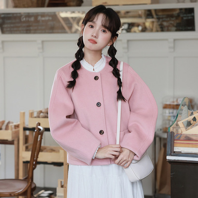 初冬短款粉色毛呢外套女2025新款秋冬小香风感小个子呢子大衣
