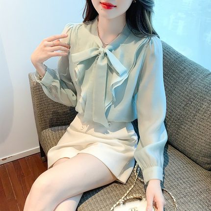 法式系带领雪纺衬衫女2023秋冬新款加油时尚百搭泡泡袖长袖上衣