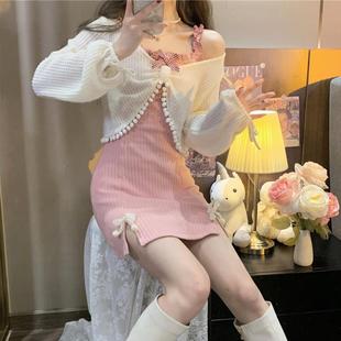 开叉吊带连衣裙女秋季 显瘦蝴蝶结打底 2024新款 甜美日系纯欲修身