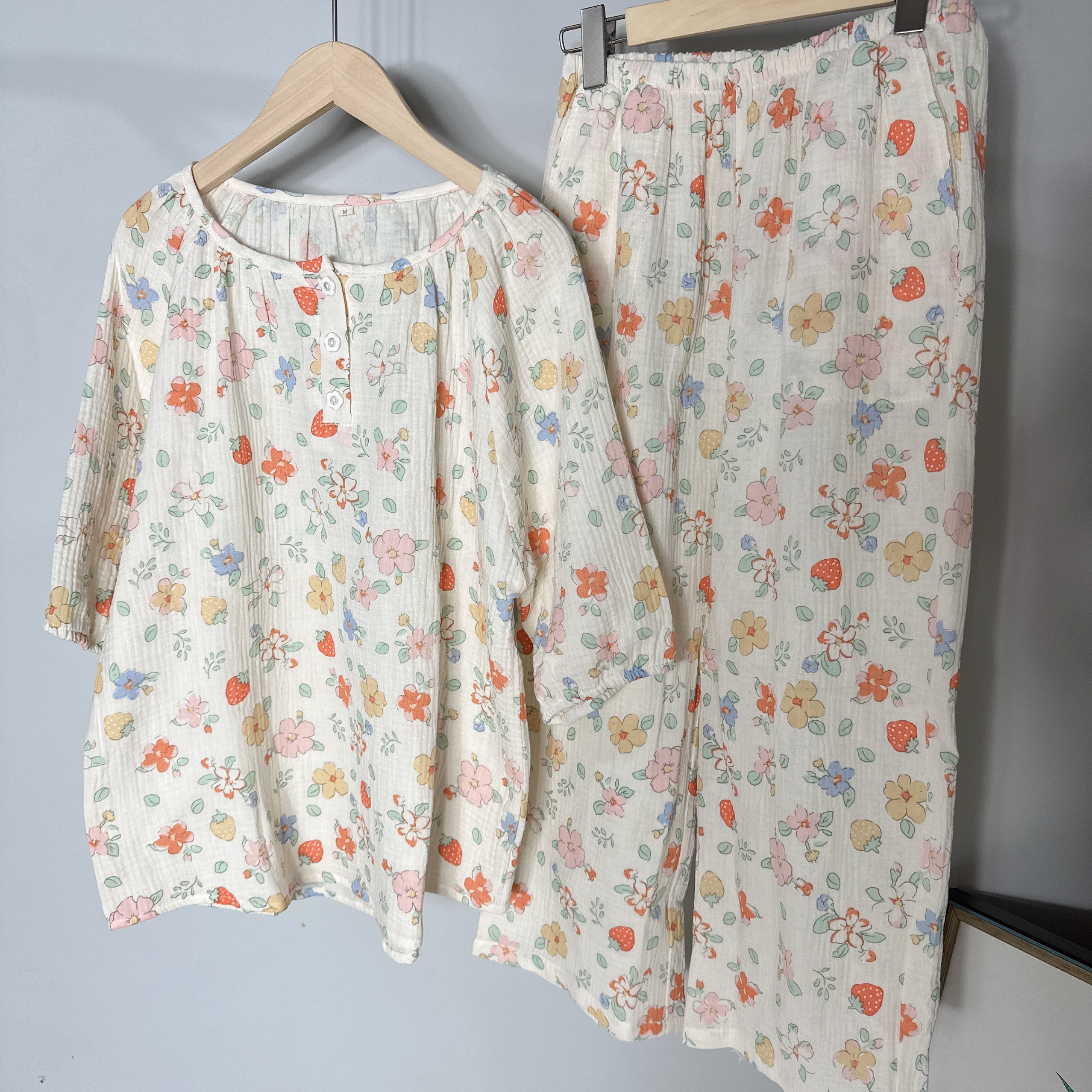 双层七分裤七分袖纯棉绉纱