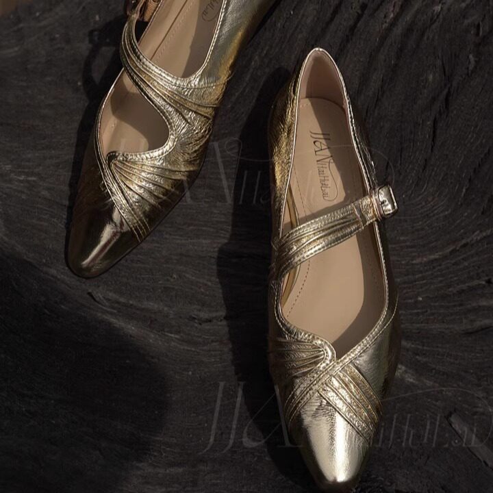 JJAN HAIHUILA法式低跟褶皱黑金玛丽珍尖头一字扣带真皮百搭鞋女