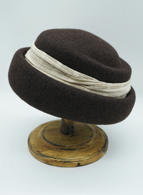 日系复古优雅棉麻布棕咖色黑色卷边羊毛呢毛毡小礼帽女秋冬贝雷帽