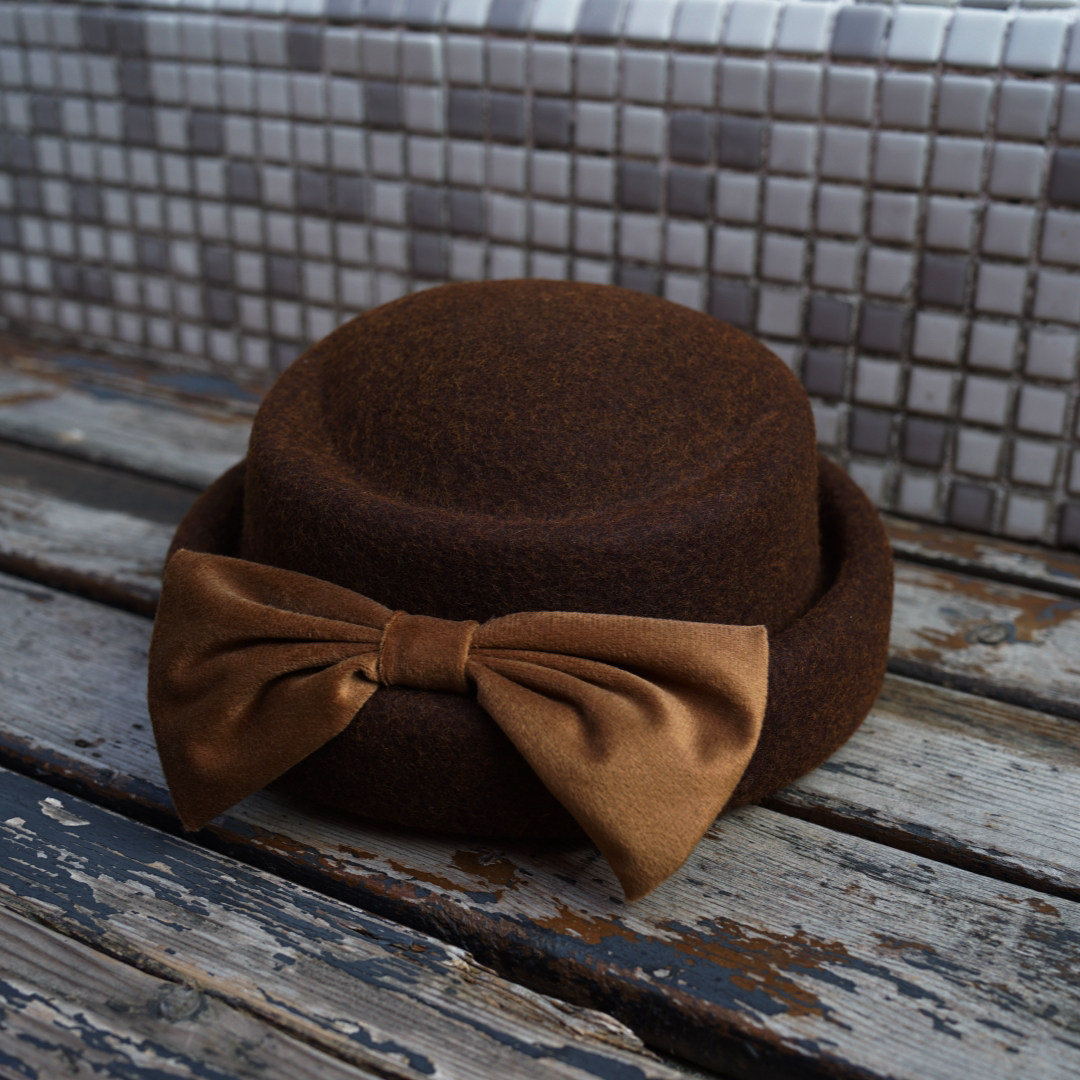 日系复古优雅蝴蝶结棕咖色黑色卷边羊毛呢毛毡小礼帽女秋冬贝雷帽