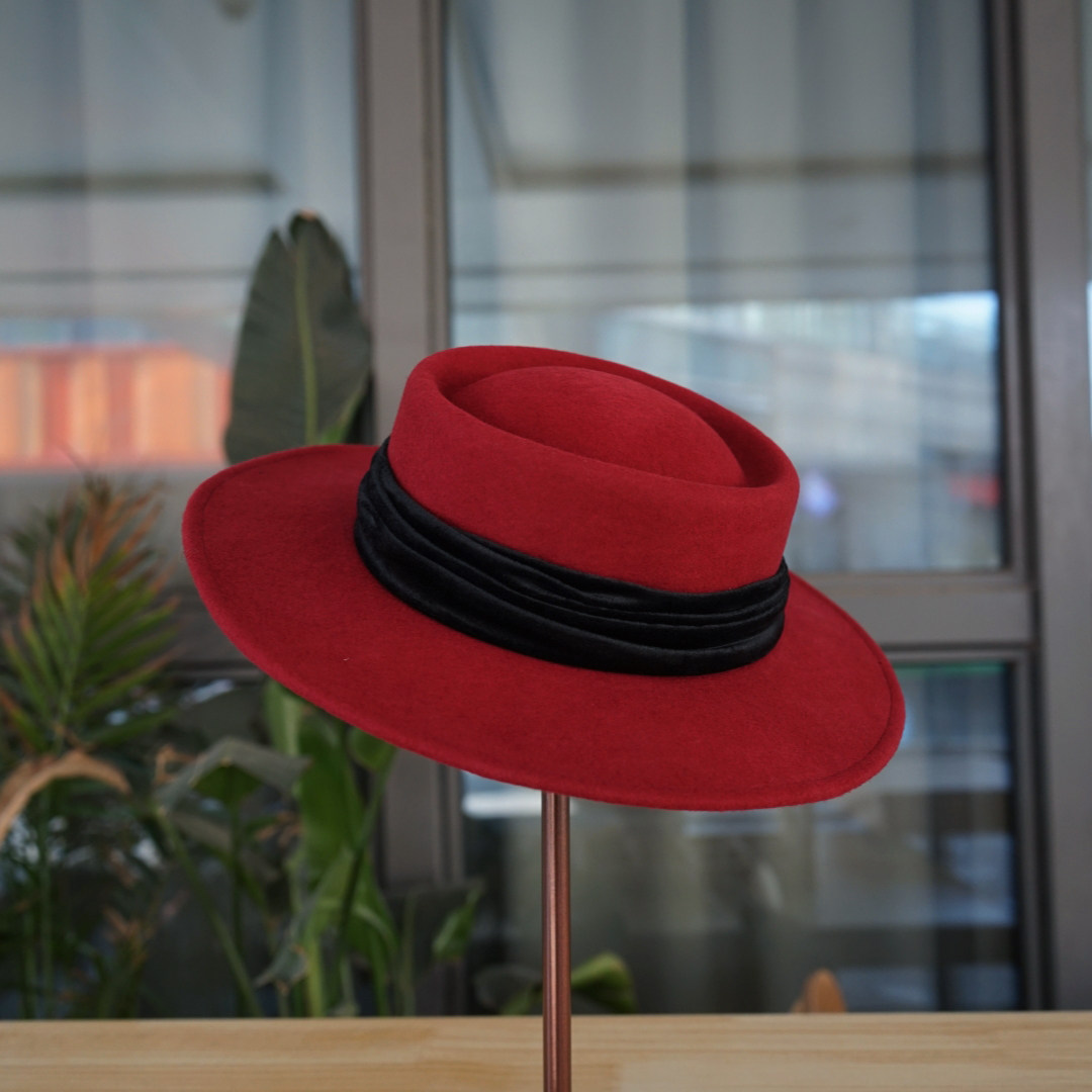 安哥拉红色酒红色羊毛呢平顶礼帽女秋冬毛毡帽日系巴拿马宽檐爵士