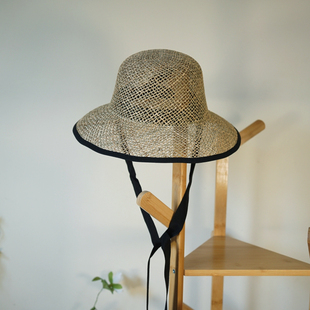 日系韩系复古可爱编织系带海草小盆帽女夏天度假沙滩黑边遮阳草帽