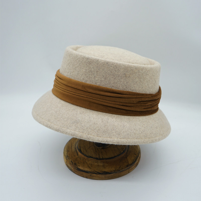 法式复古蝴蝶结米色羊毛呢盆帽女秋冬日系赫本平顶渔夫小礼帽毛毡