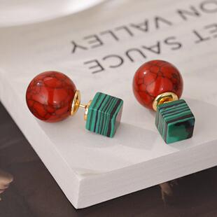 铜合金耳饰 镀18K金「红肥绿瘦」耳钉气质中国风新中式耳环高级感