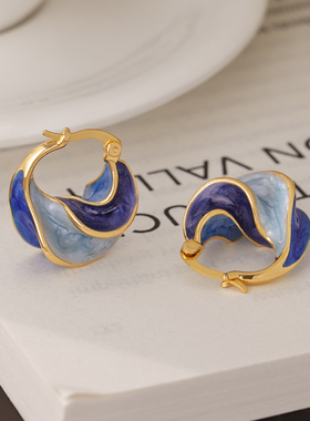 铜合金珐琅耳饰镀18K金「蓝色旋涡」滴釉耳环气质复古法式设计感