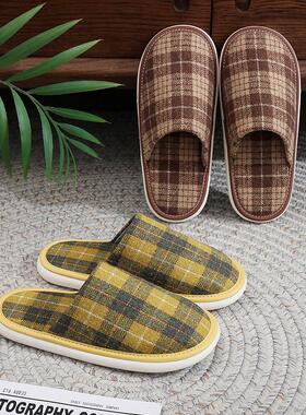 格子布艺新款春秋季情侣男女四季居家室内防滑软底不臭脚包头拖鞋