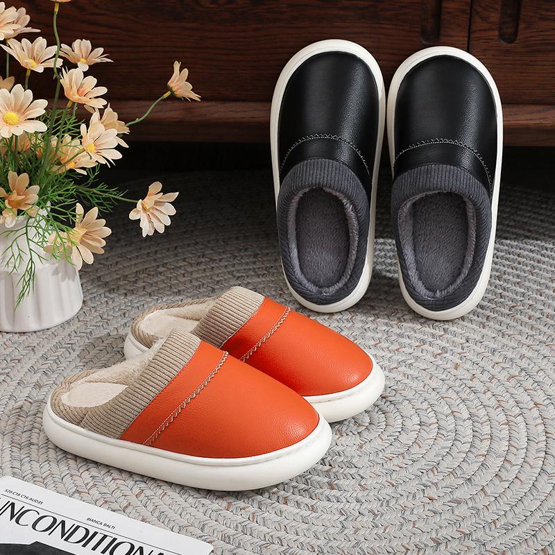 海宁牛皮面毛毛绒保暖棉拖鞋