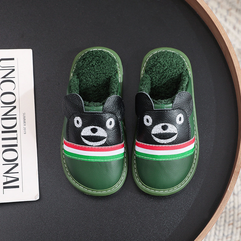 秋冬季儿童防水真皮卡通可爱保暖棉拖鞋男女防滑居家大童宝宝小孩