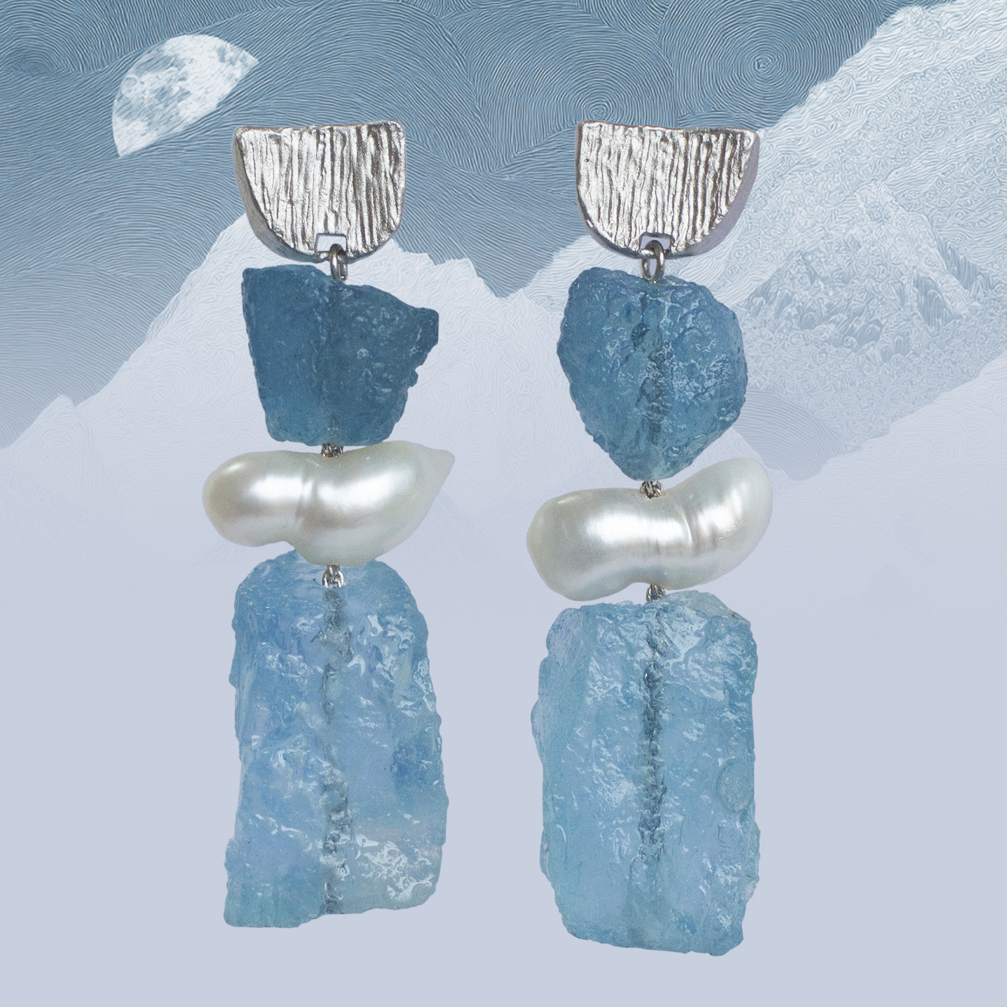 朗睦原创天然海蓝宝原石限量手工新品珍珠银针耳环女小众设计耳饰