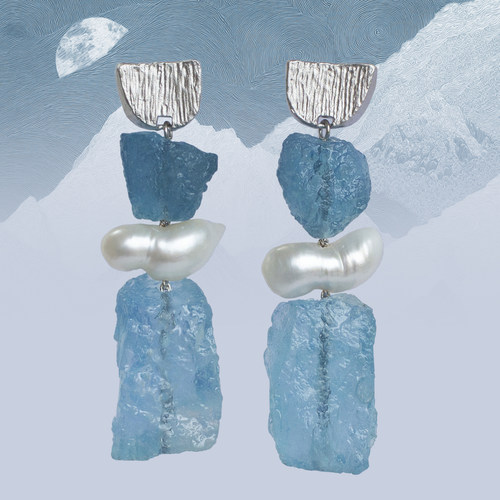 原创天然海蓝宝原石银针珍珠耳饰