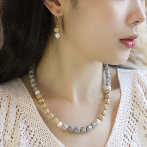 天然艺术线纹石珍珠项链耳环套装