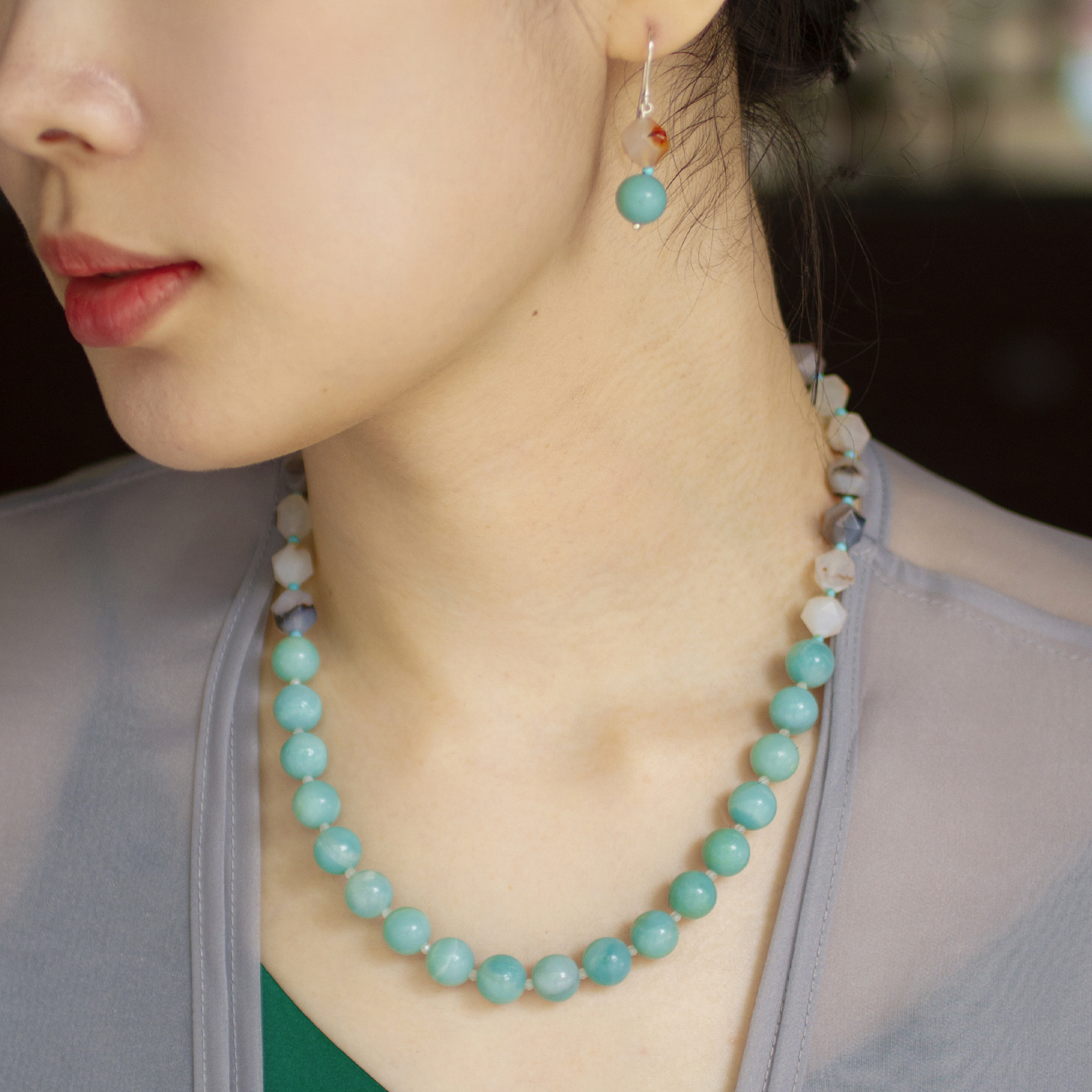 原创天然玛瑙天河石项链耳环套装