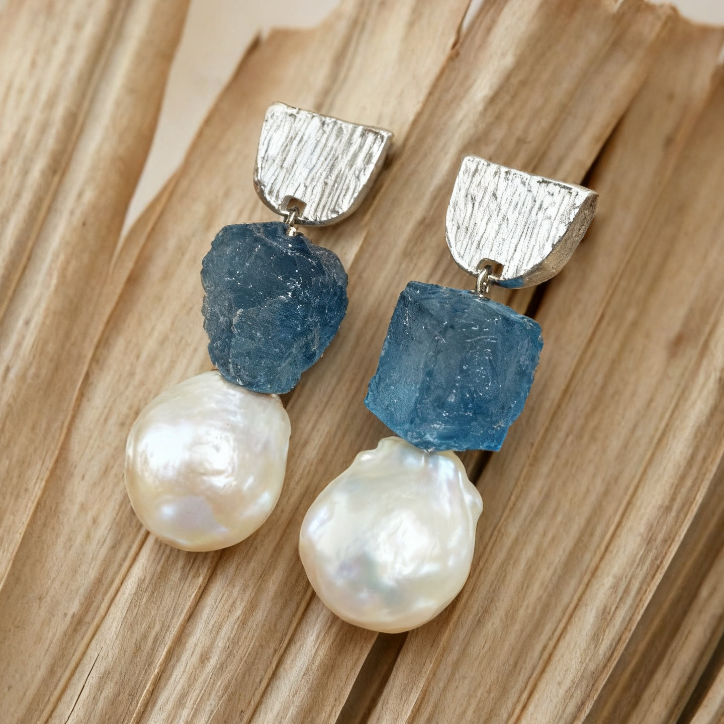 朗睦原创天然海蓝宝原石耳钉巴洛克珍珠手工耳环女小众设计感耳饰