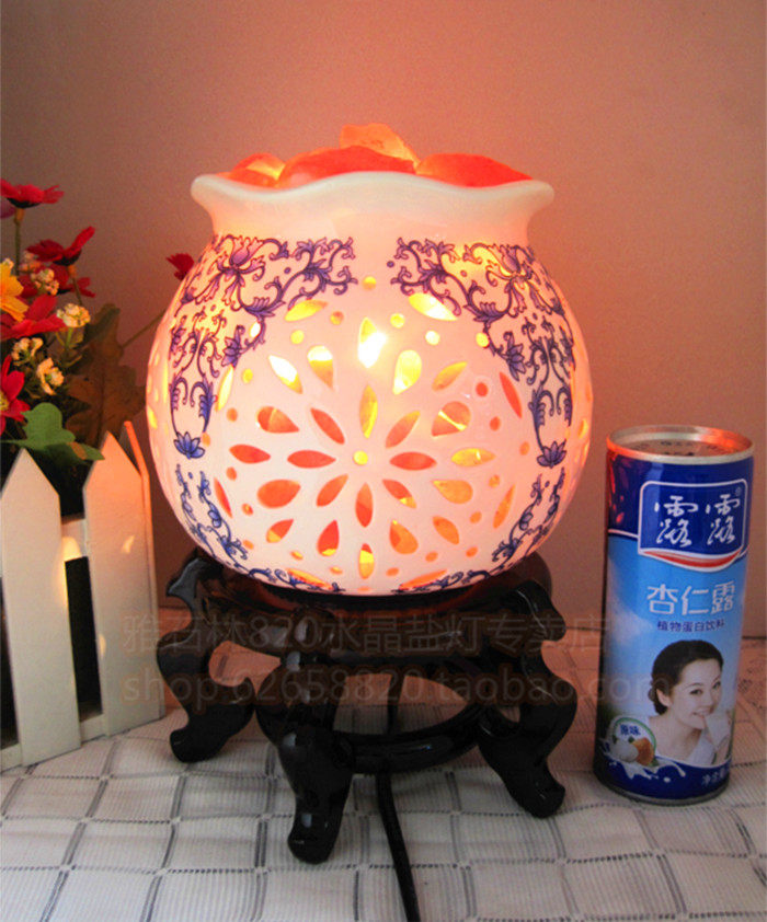 包邮水晶盐灯青花瓷 宝莲灯高档礼物负离子养生灯中老年卧室台灯