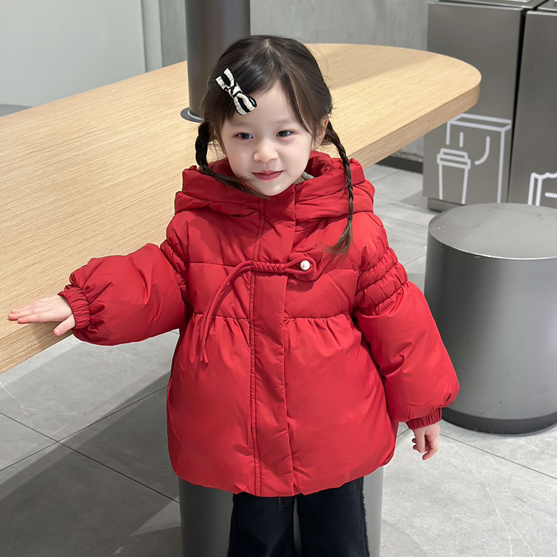 新年衣服女童灯笼袖国风红色羽绒服2025冬装新款洋气女宝宝拜年服