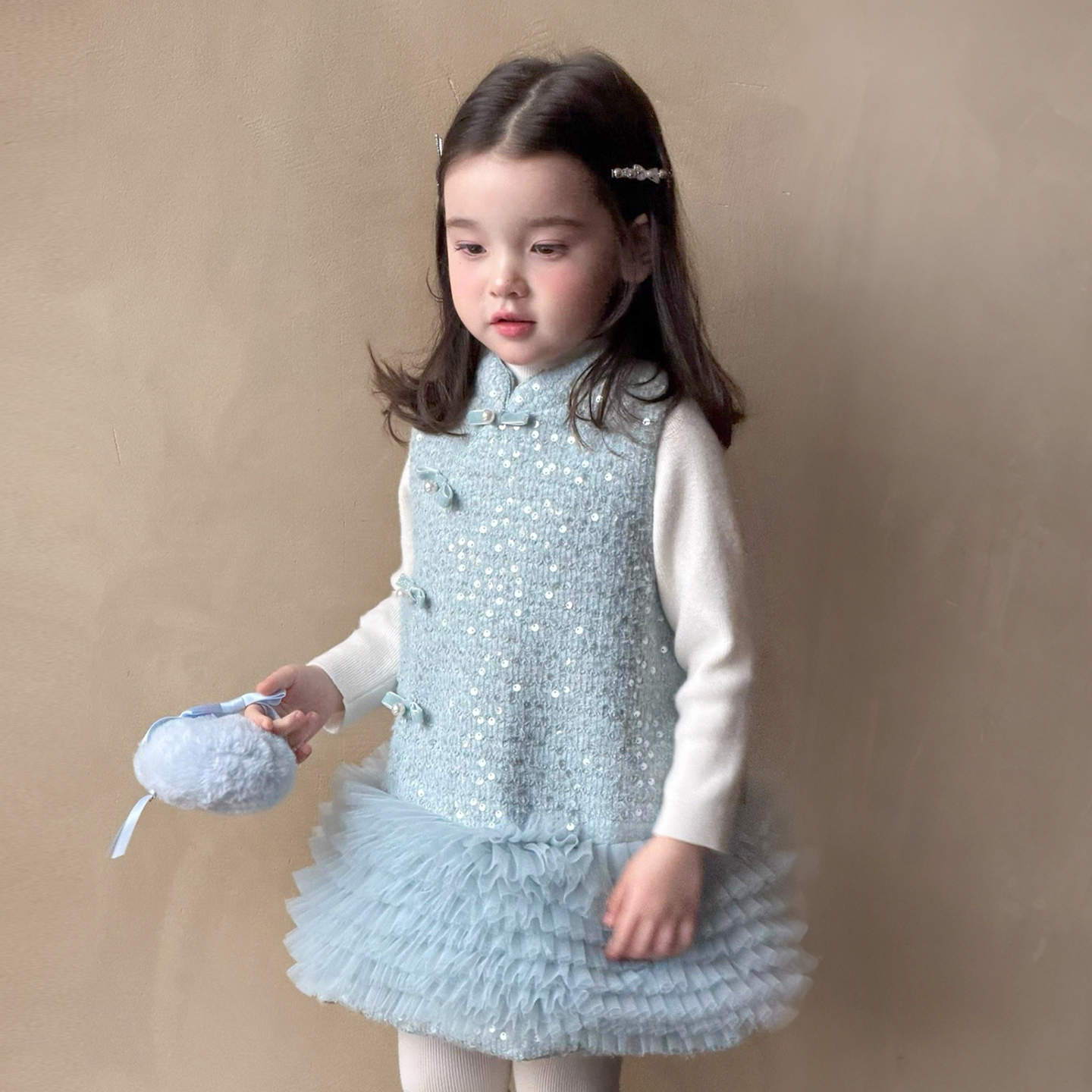 女童秋冬新中式盘扣网纱背心裙