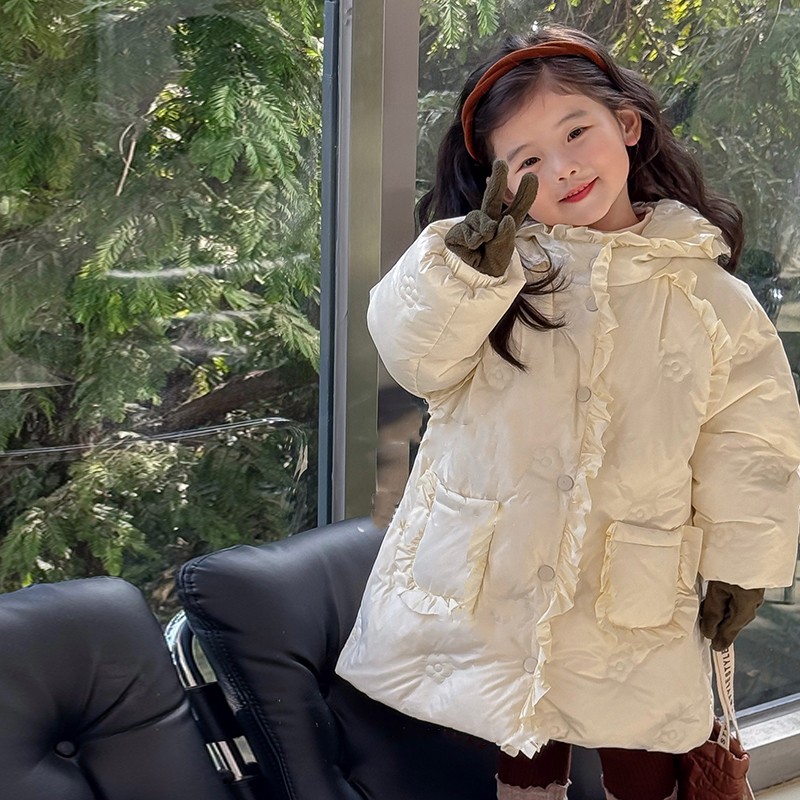 女童羽绒服中长款儿童洋气冬装2025新款女宝宝90白鸭绒外套保暖