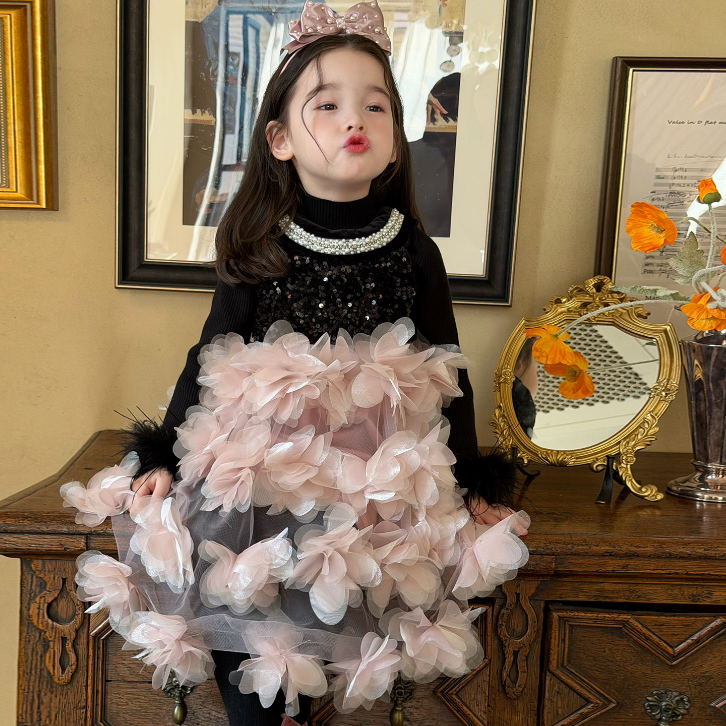 女童秋冬亮片立体花朵蛋糕裙