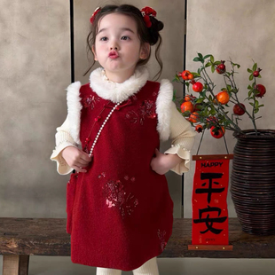 女童国风连衣裙2025新款冬装女宝宝周岁礼服红色新年裙喜庆拜年服