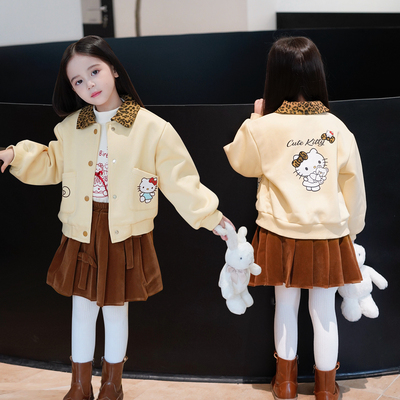 女童韩系豹纹翻领刺绣夹克外套