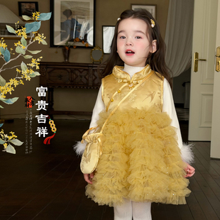 女童国风连衣裙洋气2025新款冬装女宝宝周岁礼服小童公主裙新年装