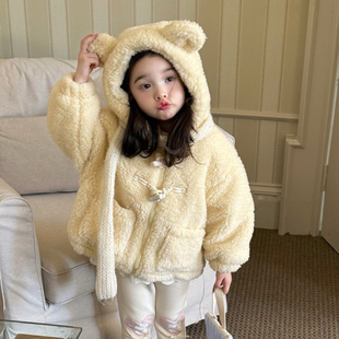 奶油baby女童毛毛外套2025秋冬新款洋气女宝宝加厚加绒羊羔毛外套