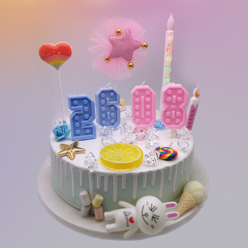 20个包邮粉色蓝积木形状数字蜡烛生日蛋糕装饰儿童周岁可爱糖果色