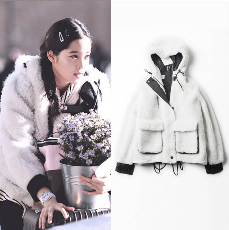 2020冬季明星同款ins欧阳娜娜羊羔毛纯色宽松大口袋连帽毛绒外套