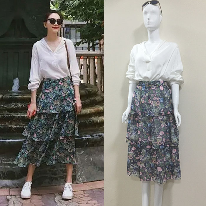 高圆圆同款chic早春裙子春印花复古雪纺初恋裙夏sukol少女半身裙