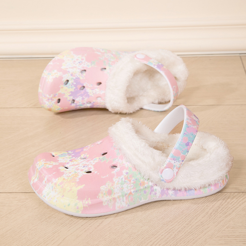 印花棉拖鞋女款冬季外穿2025新款防滑居家包头棉拖eva加绒洞洞鞋